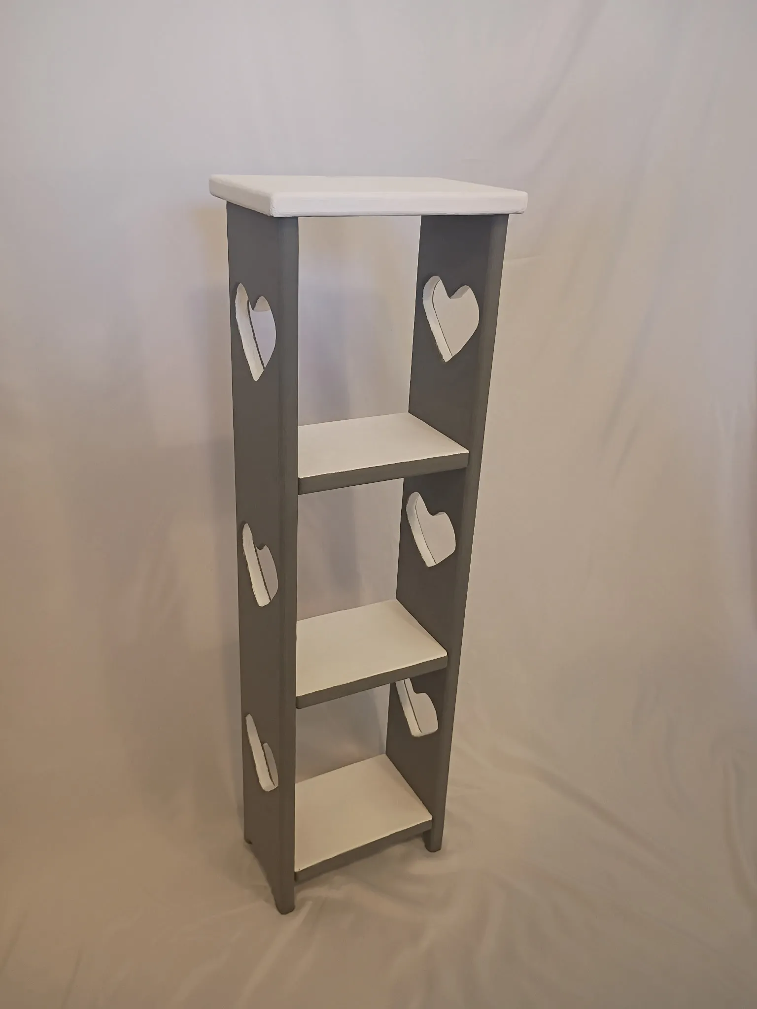 Bookshelf after refinishing: charcoal grey frame with a white top and shelves