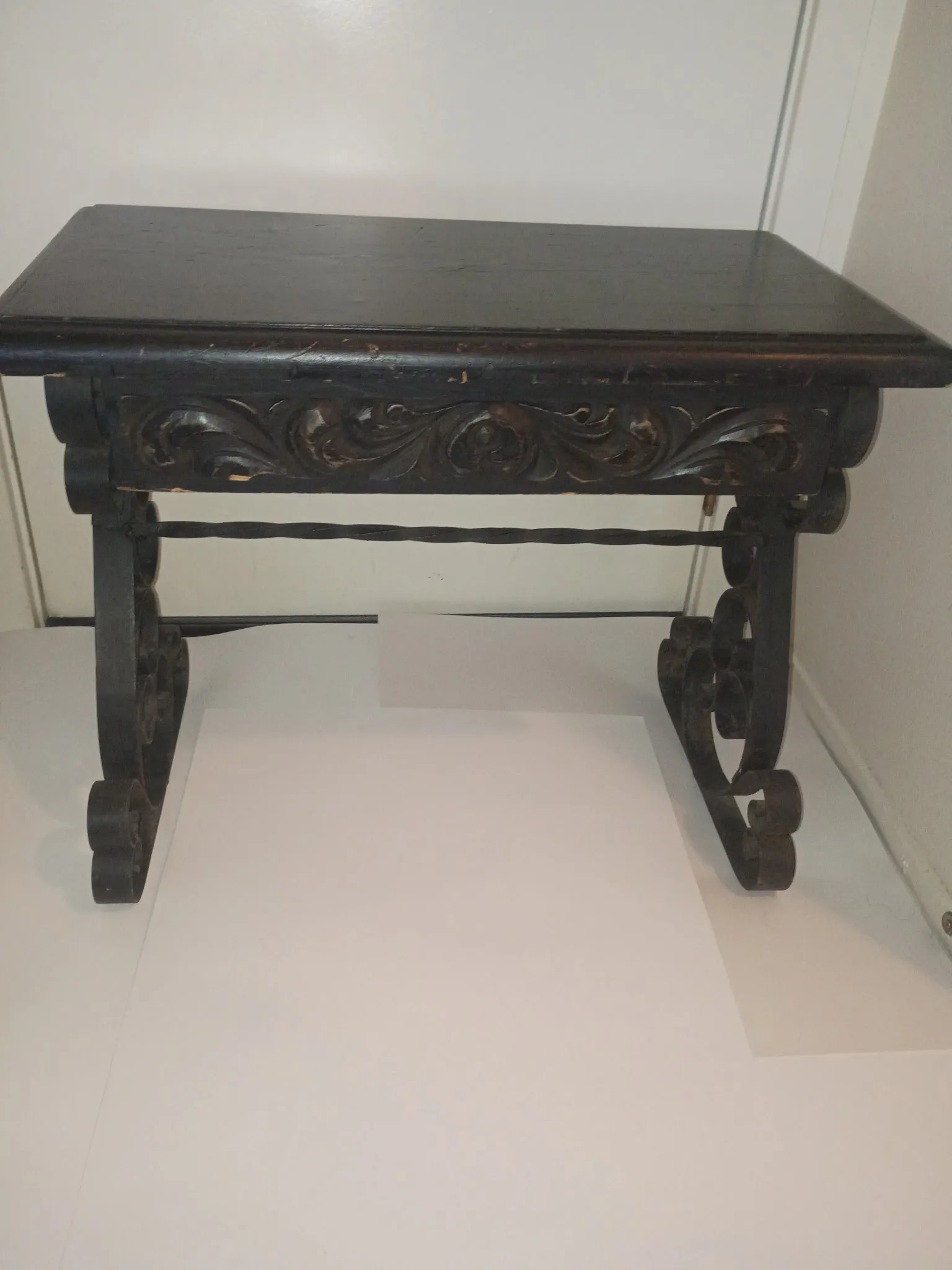 Console table before refinishing: dark stained worn wood
