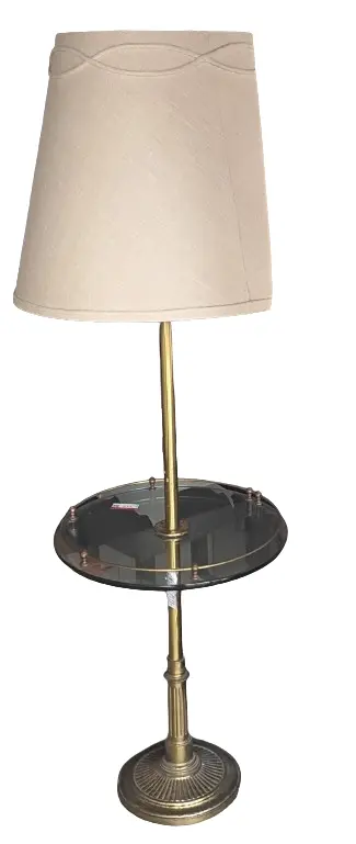 Floor lamp before refinishing: brass finish with beige shade